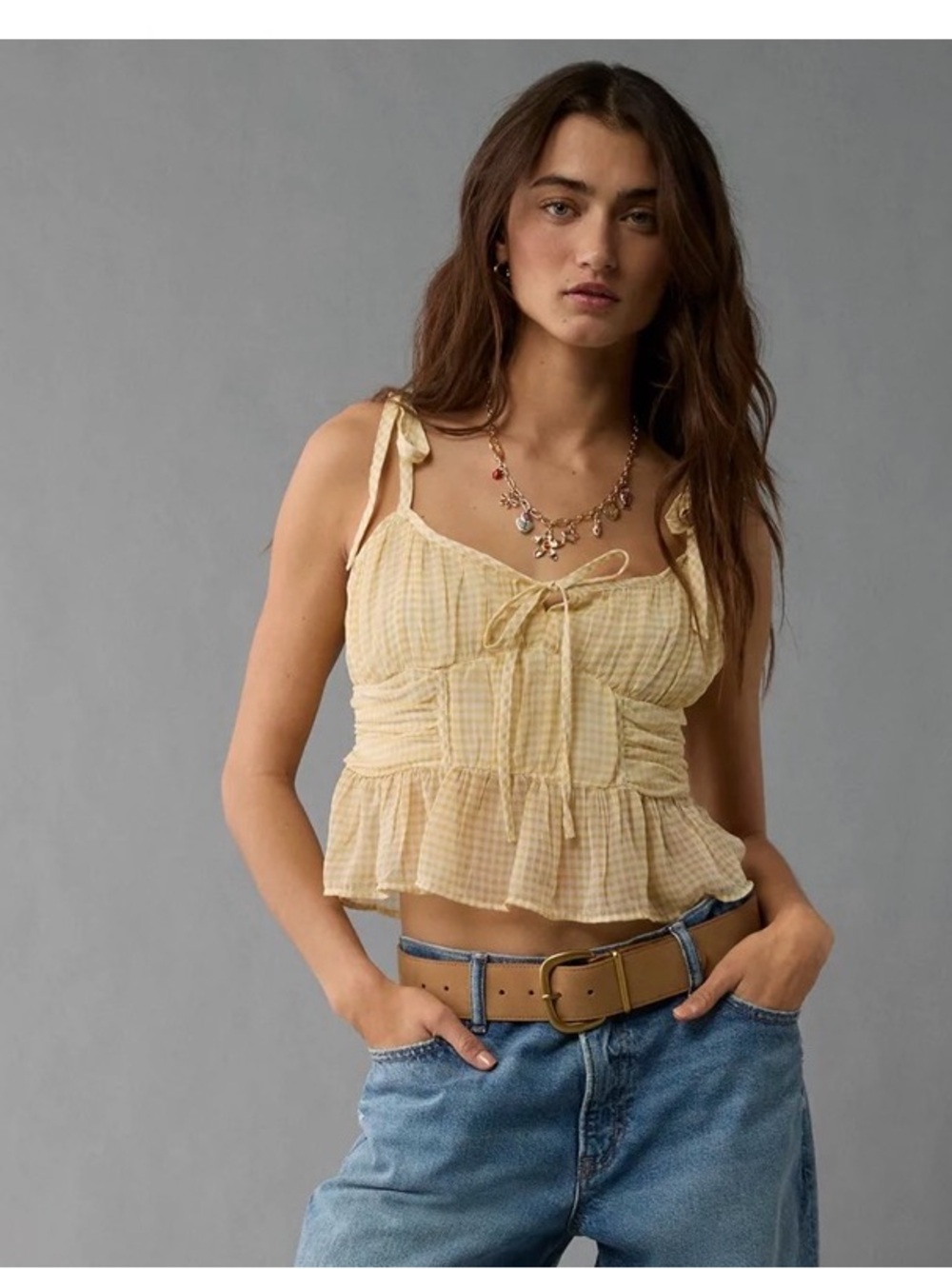 American Eagle Light Yellow Gingham Ruffle Cami Crop Top